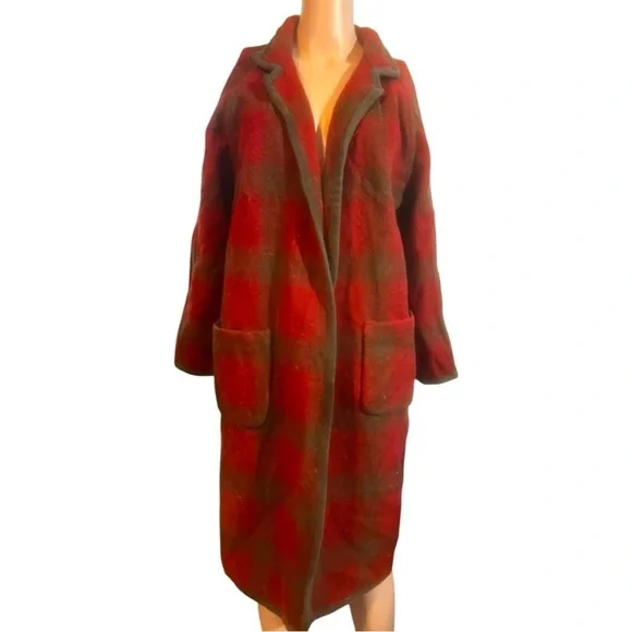 J. Peterman tartan plaid red Blackwatch oversize wool Balmacaan overcoat trench